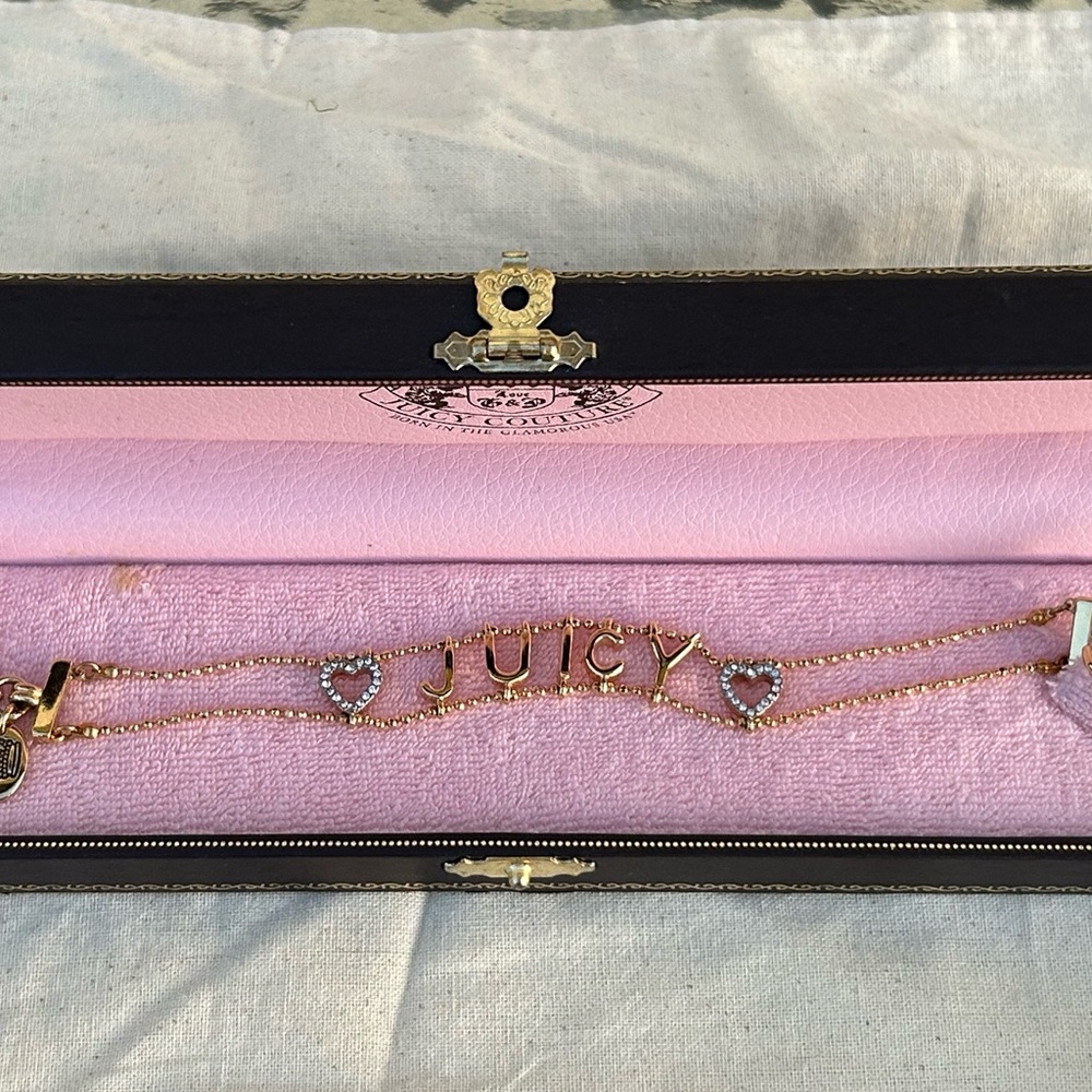 *RARE* Y2K JUICY COUTURE B-JUICY Double Gold Chain BRACELET W/Hearts
